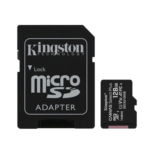 Kingston Canvas Select Plus - Carte mémoire flash (adaptateur microSDXC vers SD inclus(e)) - 128 Go - A1 / Video Class V10 / UHS Class 1 / Class10 - microSDXC UHS-I