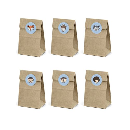 6 Sacs En Papier Kraft Et Stickers Forêt 7,5 X 18,5 Cm