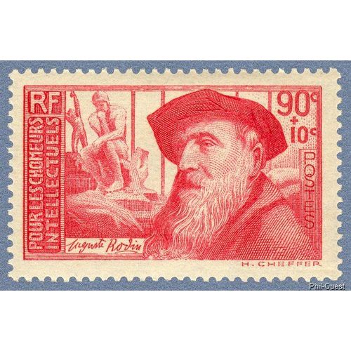 France 1937, Très Beau Timbre Neuf** Luxe Yvert 344 - Pour Les Chômeurs Intellectuels, Rodin Et Le Penseur, Cote 16 Eur.