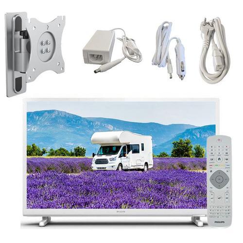 PACK PHILIPS TV LED 24" 60cm Téléviseur HD 12V Tuner SAT Blanc Camping-car + Support TV