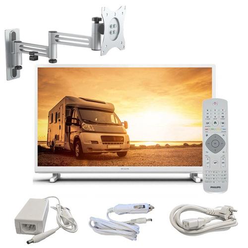PACK PHILIPS TV LED 24" 60cm Téléviseur HD 12V Tuner SAT Blanc Camping-car + Support TV Double bras