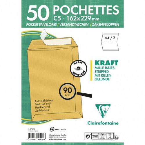 50 Enveloppes - Kraft Brun - C5 162x229mm - Auto-Adhésive - Clairefontaine