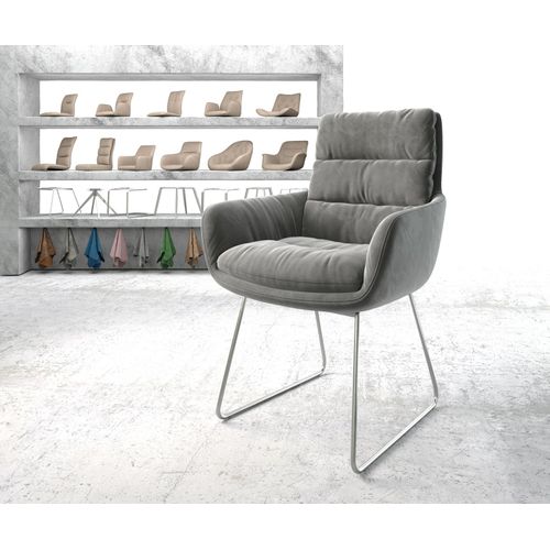 Chaise-Rembourrée Abelia-Flex Avec Accoudoir Cadre Croisé Acier Inoxydable Velours Gris