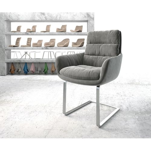 Chaise-Rembourrée Abelia-Flex Avec Accoudoir Cantilever Plat Acier Inoxydable Velours Gris