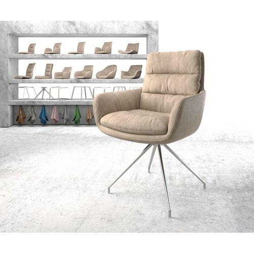 Chaise-Rembourrée-Pivotante Abelia-Flex Avec Accoudoir Cadre Croisé Conique Acier Inoxydable Beige Vintage