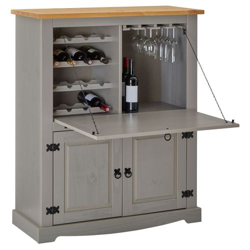 Meuble Bar À Vin Tequila Armoire Comptoir Avec Range Bouteilles Et Range Verres, Bahut De Style Mexicain En Pin Massif Gris/Brun