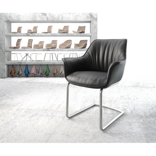 Chaise-Rembourrée Keila-Flex Avec Accoudoir Cantilever Rond Acier Inoxydable Cuir Véritable Noir