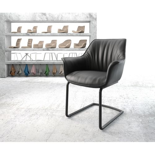 Chaise-Rembourrée Keila-Flex Avec Accoudoir Cantilever Rond Noir Cuir Véritable Noir