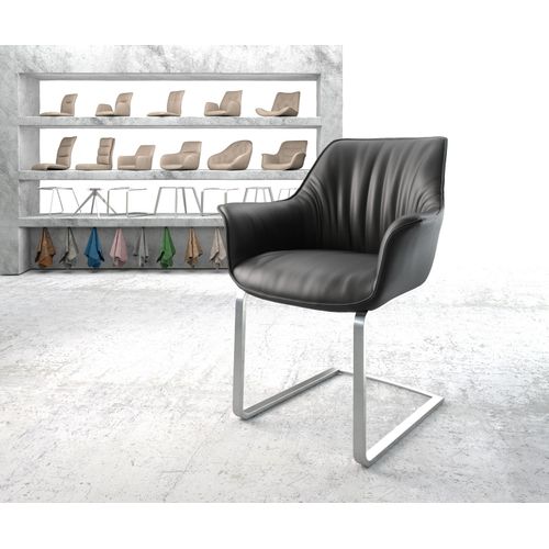 Chaise-Rembourrée Keila-Flex Avec Accoudoir Cantilever Plat Acier Inoxydable Cuir Véritable Noir