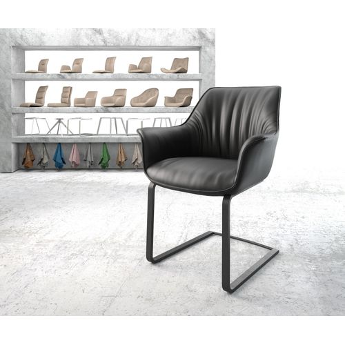 Chaise-Rembourrée Keila-Flex Avec Accoudoir Cantilever Plat Noir Cuir Véritable Noir