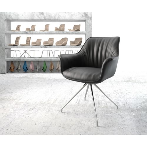 Chaise-Rembourrée-Pivotante Keila-Flex Avec Accoudoir Cadre Croisé Conique Acier Inoxydable Cuir Véritable Noir