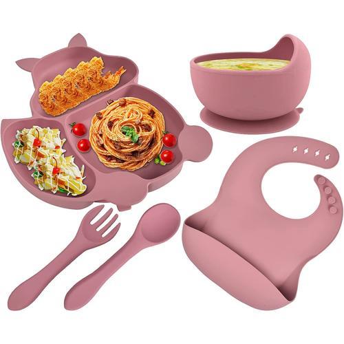 Assiette Bébé Set Repas Silicone, Lot De 5 Antiderapante Bol À Ventouse Fourche Cuillère Bavoir Sans Bpa Enfant Set Couverts(Rose)