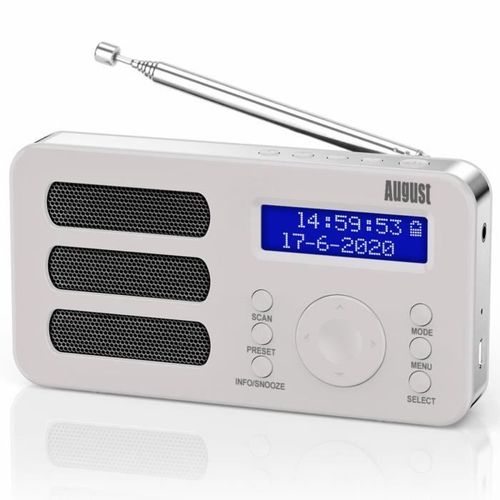 Radio Portable Rechargeable FM DAB Plus - August MB225 - Petit Poste Radio Blanc Numérique Digital Portative Batterie Aux Jack 3,5mm