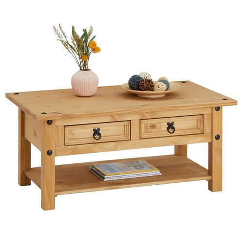 Table Basse De Salon Salsa Rectangulaire En Bois Style Mexicain Avec 2 Tiroirs, En Pin Massif Finition Teintée/Cirée