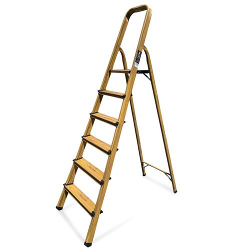 Escabeau Élégance Domestique Keli (6 Marches (hauteur De Travail 2,67)), Marchepied, Fabriqué En Aluminium Finition bois (chêne)