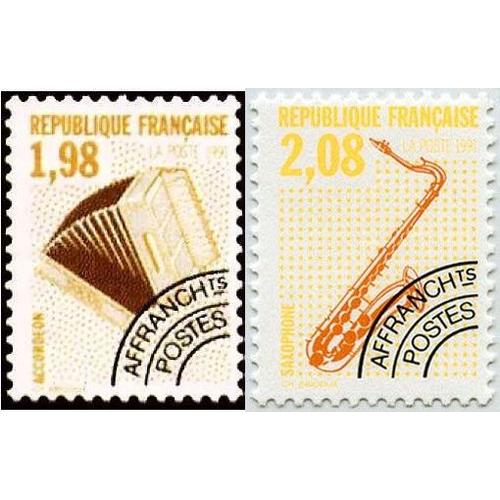 France 1992, Très Beaux Timbres Neufs* Luxe Préoblitérés Yvert ° 214, Instruments De Musique, L' Accordeon 1f98 Orange Et 215, Le Saxophone, 2.08f. Jaune.