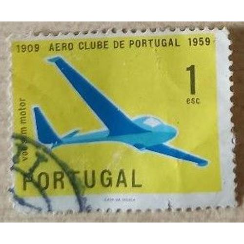 Timbre Oblitéré Portugais, Avion Bleu Sur Fond Jaune, Aero Clube De Portugal(1909-1959), Casa De Moeda, 1 Esc.