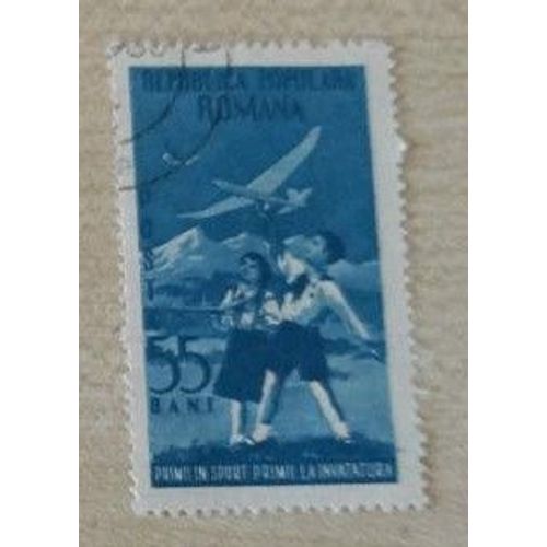 Timbre Oblitéré Roumain, Republica Populara Romana, Deux Enfants Avec Un Avion En Modèle Réduit En Illustration, 55 Bani.