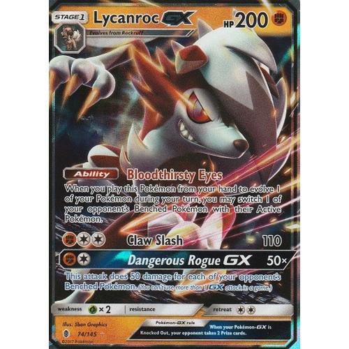 Carte Pokemon - Lycanroc Gx ( Lougaroc Gx ) - 74/145 - Ultra-Rare - 200 Hp - Sl2 - Version Anglaise -
