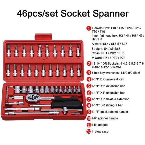 46pcs Red Kit d'outils professionnels pour le travail des métaux, jeu de clés à cliquet à douille, tournevis à douille, 46 pièces ""Nipseyteko""