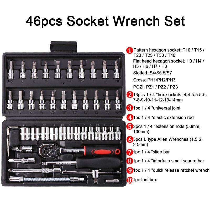 46pcs Black Kit d'outils professionnels pour le travail des métaux, jeu de clés à cliquet à douille, tournevis à douille, 46 pièces ""Nipseyteko""