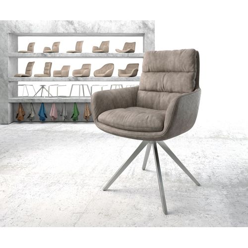 Chaise-Rembourrée-Pivotante Abelia-Flex Avec Accoudoir Cadre Croisé Carré Acier Inoxydable Taupe Vintage