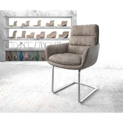 Chaise-Rembourrée Abelia-Flex Avec Accoudoir Cantilever Rond Acier Inoxydable Taupe Vintage