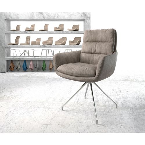 Chaise-Rembourrée-Pivotante Abelia-Flex Avec Accoudoir Cadre Croisé Conique Acier Inoxydable Taupe Vintage