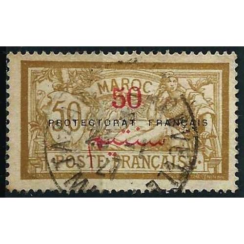 Maroc 1914 / 1921, Beau Timbre Yvert 50, Merson 50c. Bistre Et Vert Surcharge "Protectorat Français" Et Valeur En Centimos (Pesetas), Oblitere Tbe -
