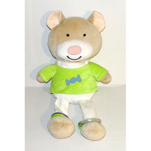 Doudou Ours Beige Pull Vert Parfield - Peluche Ourson Anneaux Grelot 45 Cm