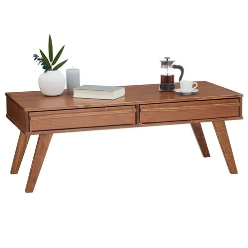 Table Basse Jona Style Scandinave Table De Salon Rectangulaire Avec 2 Tiroirs, En Pin Massif Lasuré Brun Foncé