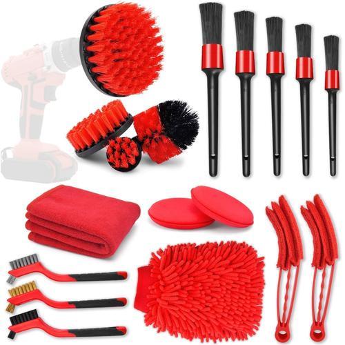 18 Pièces Pinceau Detailing Auto, Kit de Brosse Nettoyage Voiture Interieur Exterieur, Brosse Nettoyage Perceuse Électrique - Rouge