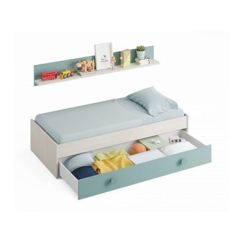Lit Tiroir Cyann Sans Sommier L201cm Avec Étagère Murale - Blanc / Turquoise, Largeur - 90 Cm