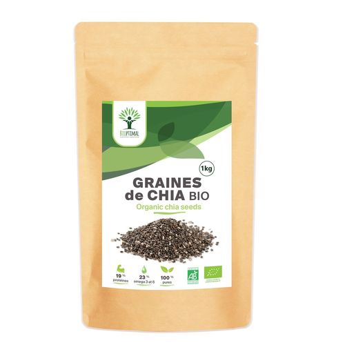 Graines De Chia Bio - Bioptimal - Superaliment - Omega 3 Protéines Calcium Fibres - Digestion Minceur Transit - 100% Graine De Chia Premium Crue - Conditionné En France - Certifié Par Ecocert - 1kg 