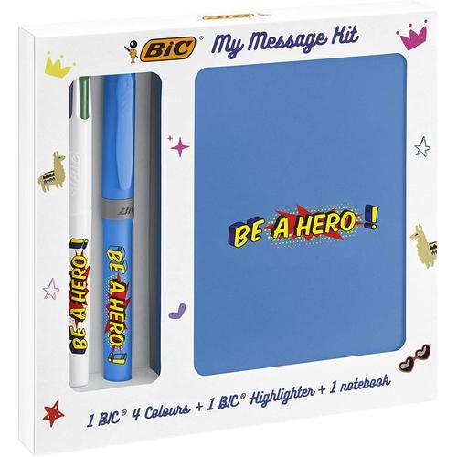 Bic My Message Kit Be A Hero - Kit De Papeterie Avec 1 Stylo-Bille Bic 4 Couleurs/1 Surligneur Bic Highlighter Grip Bleu