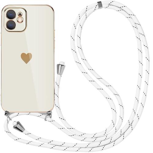 Coque Bandoulière Pour Iphone 12 (6,1'') Blanc Souple Tpu Antichoc Motif Coeur Anti-Rayure Luxe