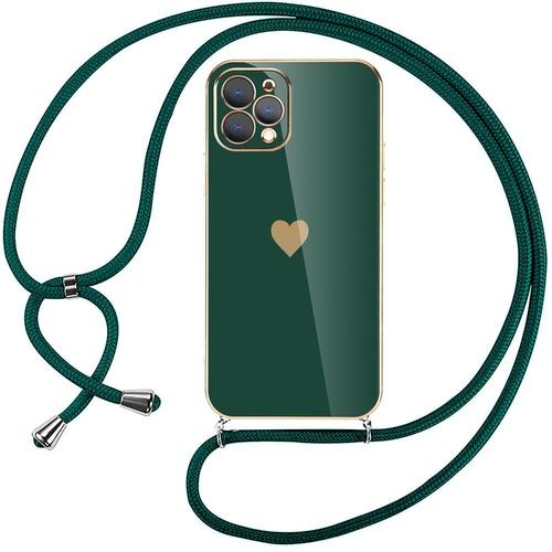 Coque Chaîne De Portable Pour Iphone 12 Pro (6,1'') Vert Nuit Antichoc Souple Galvanisé Or Luxe Tpu Motif Coeur