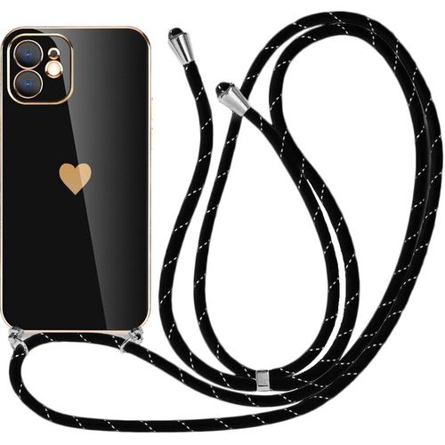 Coque Collier Cordon Pour Iphone 12 (6,1'') Noir Motif Coeur Tpu Amour-Mignon Luxe Antichoc Souple