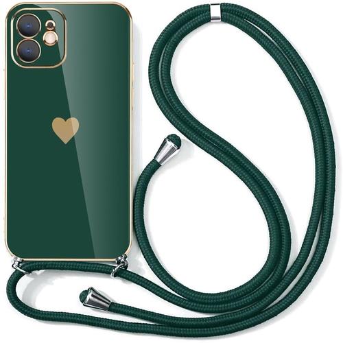 Coque Bandoulière Réglable Pour Iphone 12 (6,1'') Vert Nuit Souple Tpu Galvanisé Or Antichoc Motif Coeur Anti-Rayure