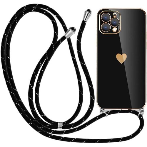 Coque Bandoulière Pour Iphone 12 Pro (6,1'') Noir Souple Galvanisé Or Motif Coeur Luxe Antichoc Tpu