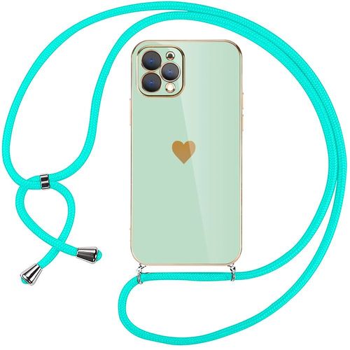 Coque Collier Cordon Pour Iphone 12 Pro (6,1'') Turquoise Luxe Tpu Motif Coeur Antichoc Anti-Rayure Souple