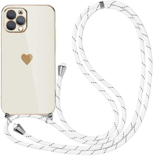 Coque Bandoulière Réglable Pour Iphone 12 Pro Max (6,7'') Blanc Luxe Anti-Rayure Motif Coeur Antichoc Tpu Amour-Mignon