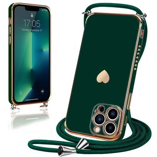 Coque Bandoulière Réglable Pour Iphone 13 Pro Max (6,7'') Vert Nuit Souple Galvanisé Or Tpu Luxe Antichoc Amour-Mignon