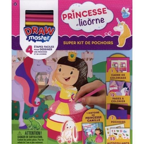 Super Kit De Pochoirs Princesse Et Licorne - Drawmaster - Avec 1 Histoire De Princesse Camille, 7 Pochoirs, 1 Cadre De Coloriage, 12 Pages À Colorier, 5 Crayons De Couleur Et 55 Autocollants