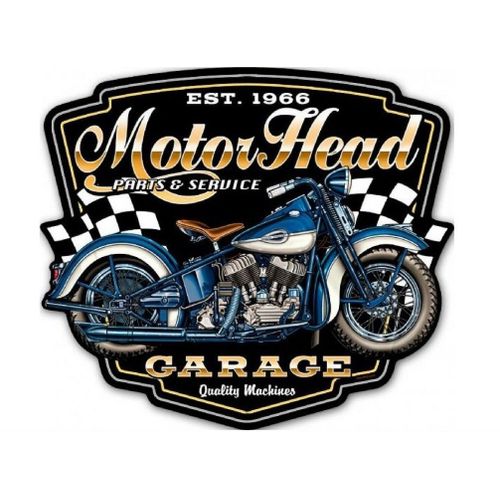 Plaque 40x35cm Motor Head Garage Moto Ancienne Bleu Blanche Tole Emboutie