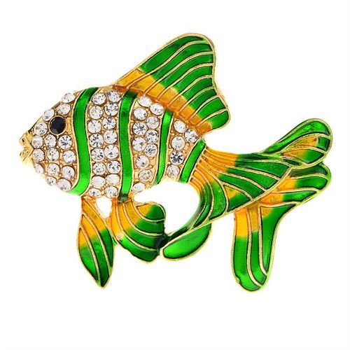 Grosse Broche Poisson Vert Et Jaune À Strass Blanc 5x4cm