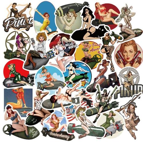 Lot De 50 Stickers Pin Up Militaire Bombe Moto Rock Autocollant