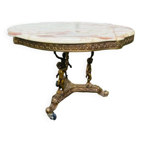 Table Basse Angelots Bronze Et Marbre Dore