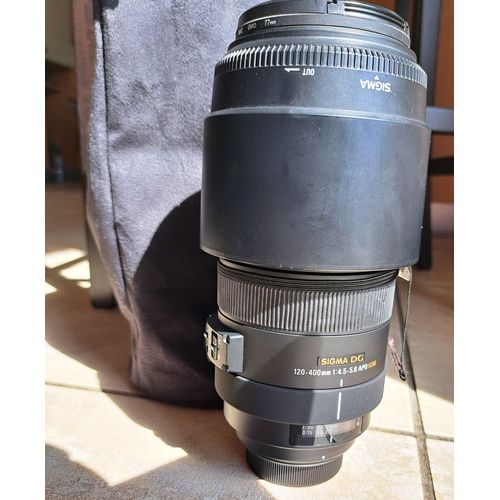 Objectif Sigma - Fonction Zoom - 120 mm - 400 mm - f/4.5-5.6 APO DG OS HSM - Nikon F + Etui + Pare-soleil + Collier de pied