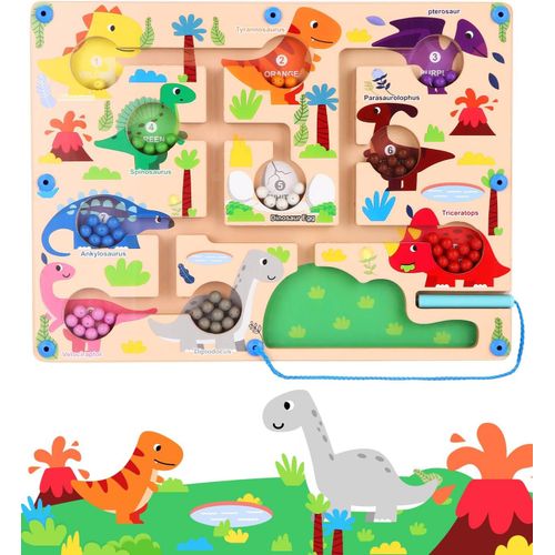 Labyrinthe Magnétique - Jouet Montessori 2-5 An En Bois - Associer Couleurs Et À Compter - Jeu De Tri Magnétique Dinosaure